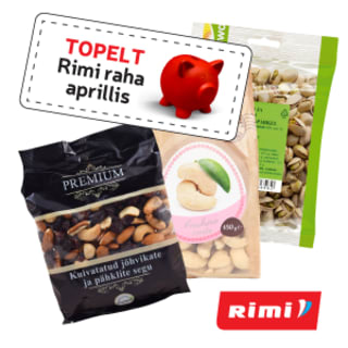 Osta märtsis 20€ eest pakitud pähkleid ja kuivatatud puuvilju ning saad Aprillis pähklite ja puuviljade pealt topelt Sinu Rimi raha. 
