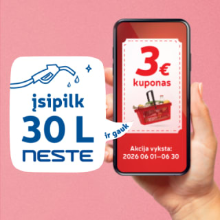 Pilkis „Neste“ su „Mano Rimi“ kortele ir gauk 3 EUR kuponą!