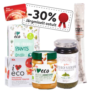 Osta 30€ eest I love eco ja Rimi Selection tooteid ja saad järgmiselt ostult -30%. 