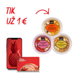 Pirk 8 prekes iš asmeninių pasiūlymų ir pasiimk RIMI humusą už 1€