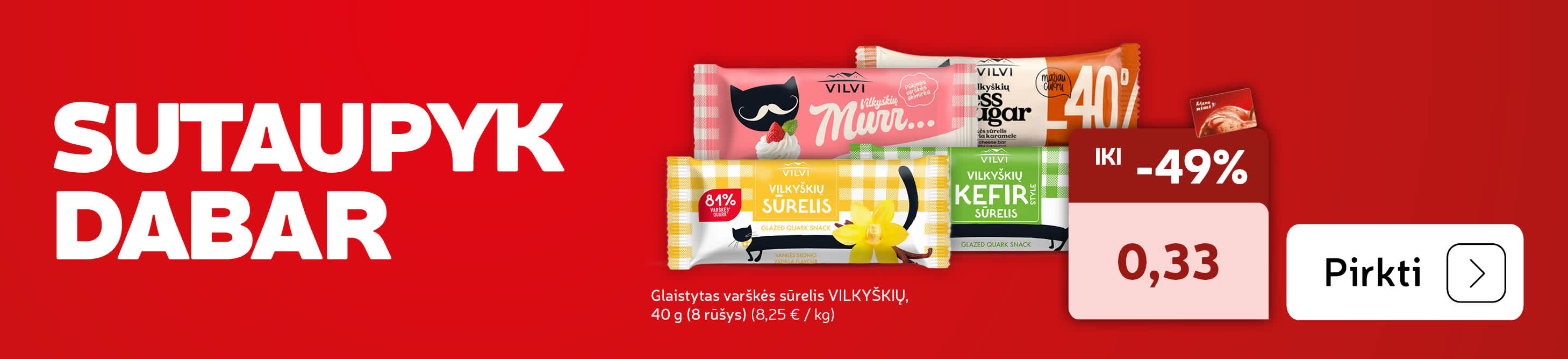 Glaistytas varškės sūrelis VILKYŠKIŲ, 40 g -33 % (8 rūšys)