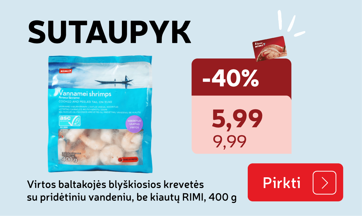 Virtos baltakojės blyškiosios krevetės su pridėtiniu  vandeniu, be kiautų RIMI, 400 g