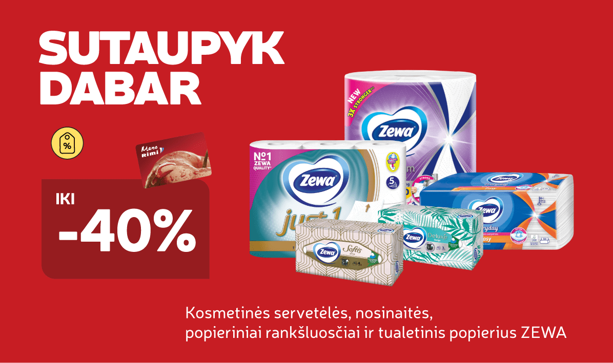 Kosmetinės servetėlės, nosinaitės, popieriniai rankšluosčiai ir tualetinis popierius ZEWA iki -40%