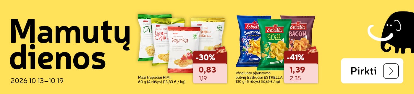 Maži trapučiai RIMI,   60 g (4 rūšys) 17 psl. ir Vingiuoto pjaustymo   bulvių traškučiai ESTRELLA,  130 g (5 rūšys)