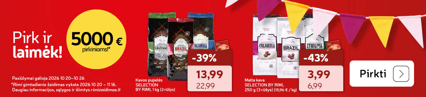 Švęsk Rimi   gimtadienį!  Kavos pupelės SELECTION   BY RIMI, 1 kg (3 rūšys) ir Malta kava SELECTION BY RIMI,   250 g (3 rūšys)