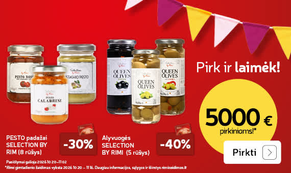 Švesk Rimi gimtadienį! PESTO padažai   SELECTION BY RIM (8 rūšys) 2 psl. ir Alyvuogės SELECTION   BY RIMI  (5 rūšys)