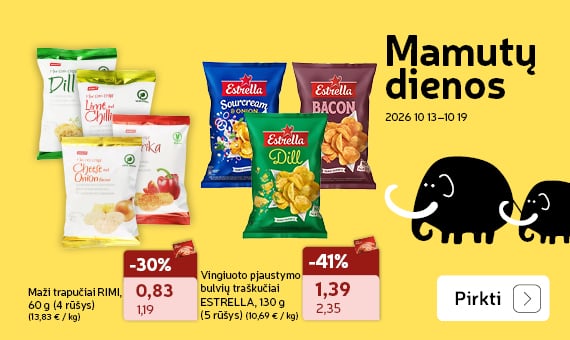 Maži trapučiai RIMI,   60 g (4 rūšys) 17 psl. ir Vingiuoto pjaustymo   bulvių traškučiai ESTRELLA,  130 g (5 rūšys)