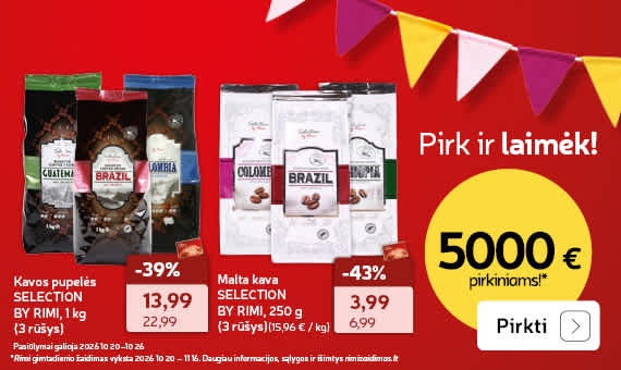 Švęsk Rimi   gimtadienį!  Kavos pupelės SELECTION   BY RIMI, 1 kg (3 rūšys) ir Malta kava SELECTION BY RIMI,   250 g (3 rūšys)
