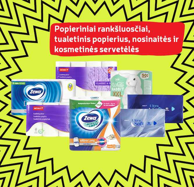 Popieriniai rankšluosčiai, tualetinis popierius, nosinaitės ir kosmetinės servetėlės -40 %