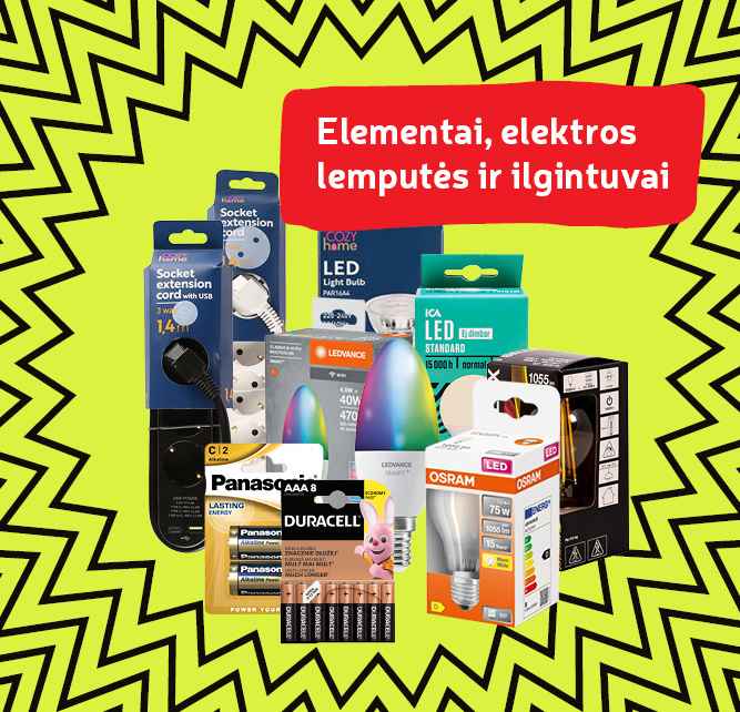 Elementai, elektros lemputės ir ilgintuvai -40 %