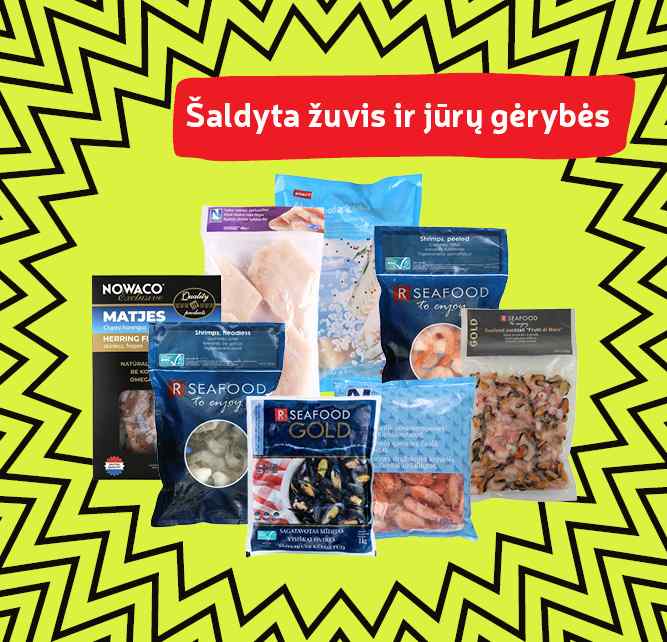 Šaldyta žuvis ir jūrų gėrybės