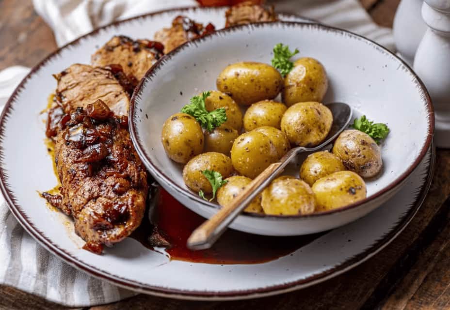 Cūkas fileja ar medus - ķiploku mērci un maziem kartupelīšiem