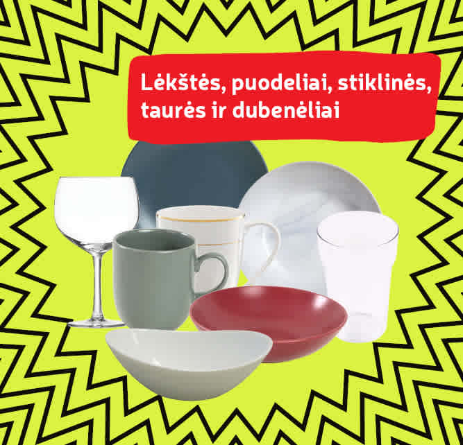 Lėkštės, puodeliai, stiklinės, taurės ir dubenėliai -40 %